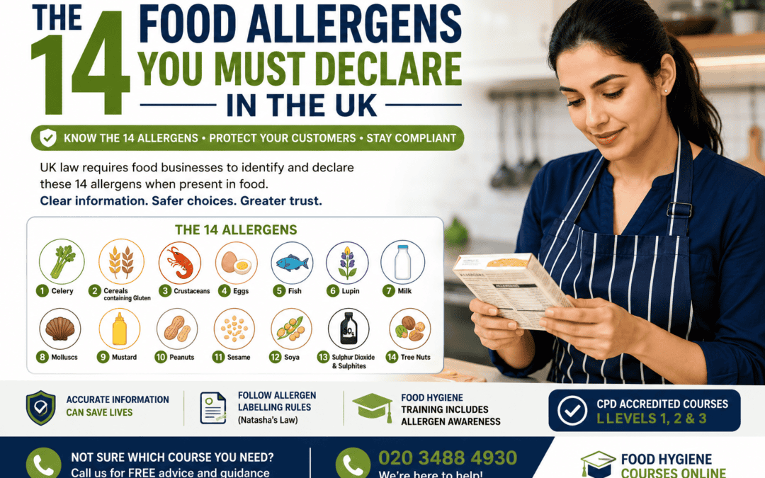 Food handler checking food labels while identifying the 14 allergens required by UK food law.
