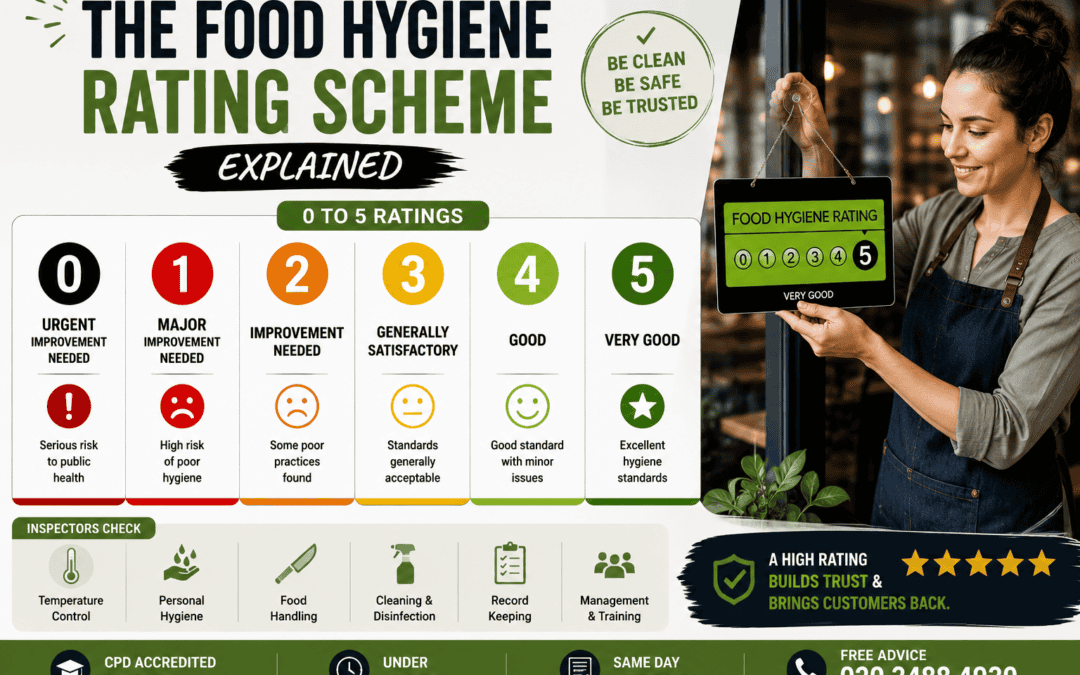 Food hygiene rating stickers showing scores 0 to 5 displayed in a UK food business window.