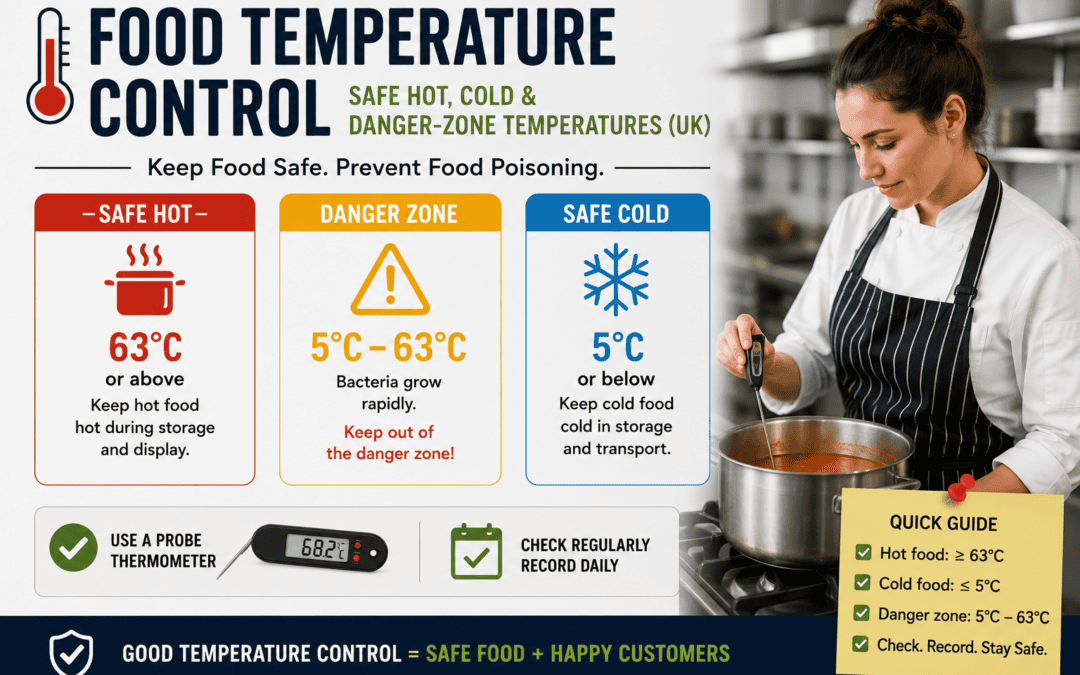 Digital probe thermometer showing a safe chilled temperature inside a commercial kitchen fridge in the UK